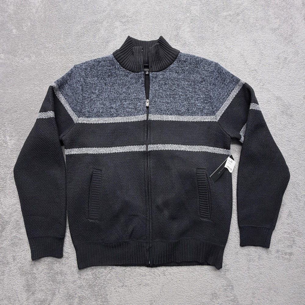 Tahari Sweater Mens M Black Striped Full Zip Mock Neck Heavyweight Knit